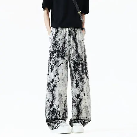 潮牌ins扎染裤子男夏季港风休闲冰丝宽松长裤直筒高街薄款阔腿裤图片