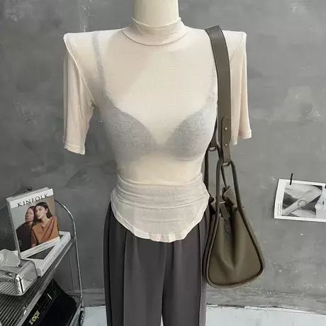 chao性感~薄款透视五分袖上衣修身中袖T恤打底衫女韩版内搭新款夏图片