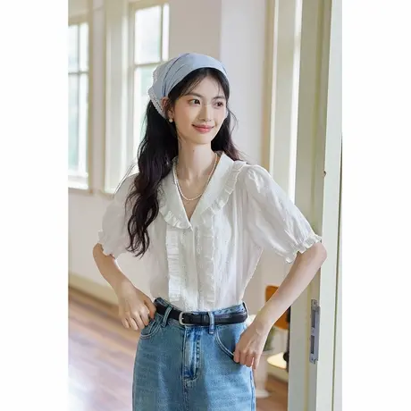 弥古法式娃娃领白色衬衣女气质短袖上衣2025夏季新款宽松蕾丝衬衫商品大图