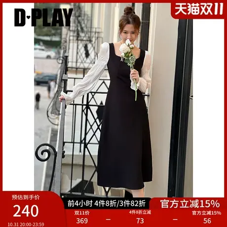 DPLAY2023秋新法式赫本风宫廷方领黑拼白喇叭袖侧开衩长款连衣裙商品大图