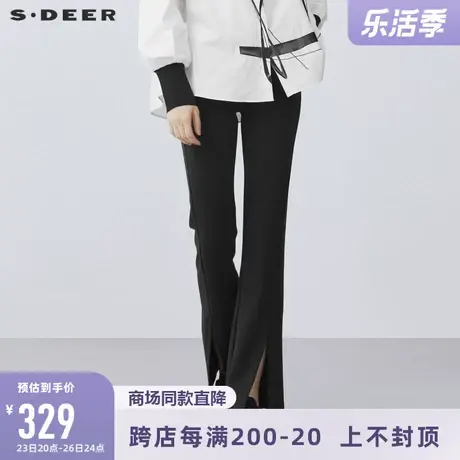 sdeer圣迪奥复古时尚高腰修身开衩喇叭黑色长裤S21380805图片