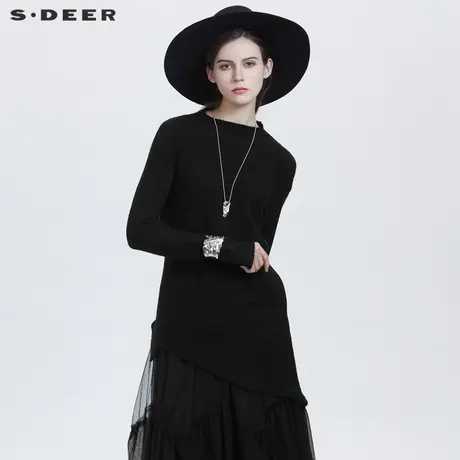 sdeer圣迪奥春秋装休闲圆领拼接罗纹不规则针织毛衣女S21183513图片