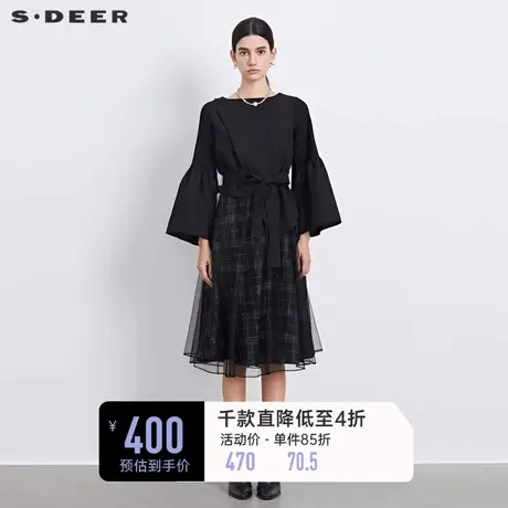 sdeer圣迪奥女装圆领压褶收腰格纹网纱连衣裙S233Z12AS🤔商品大图