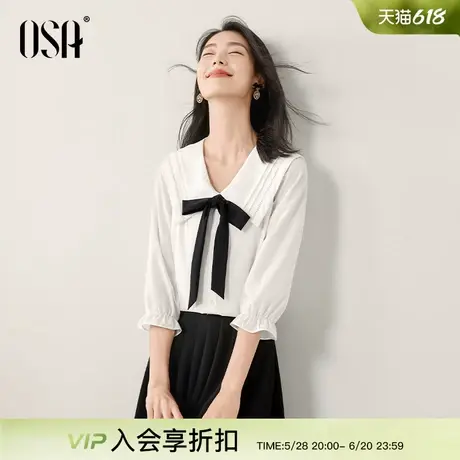 OSA欧莎撞色飘带方领七分袖衬衫女2025春季新款别致减龄衬衣上衣商品大图