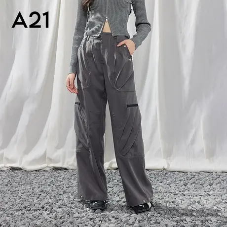 A21女装深灰多口袋休闲裤长裤中腰拖地裤商品大图