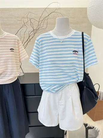 韩国条纹t恤宽松显瘦圆领拼色上衣刺绣棉质短袖T恤女百搭防晒上衣商品大图