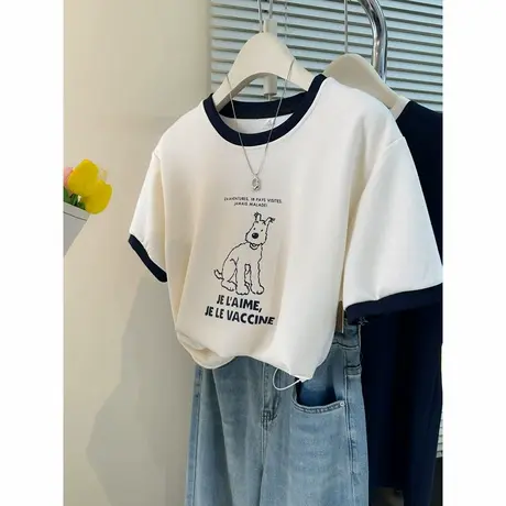 童趣风卡通短袖T恤女夏季2025新款宽松纯棉打底衫撞色半袖上衣服图片