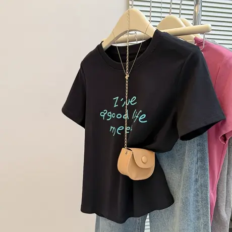 韩系高级感短袖T恤女夏季宽松韩版内搭可外穿打底衫字母刺绣上衣图片