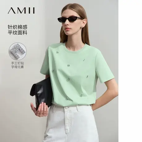 Amii2025夏新款时尚显瘦圆领金属字母钉钻短袖T恤女棉质休闲上衣商品大图