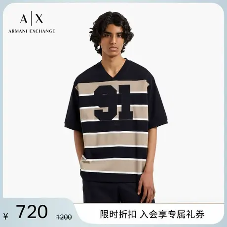 ARMANI EXCHANGE/阿玛尼2025夏季新款男士宽松全棉V领条纹针织T恤图片