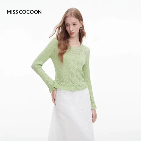 MISSCOCOON可可尼钉珠开衫上衣女2025秋季新款喇叭袖绵羊毛针织衫商品大图