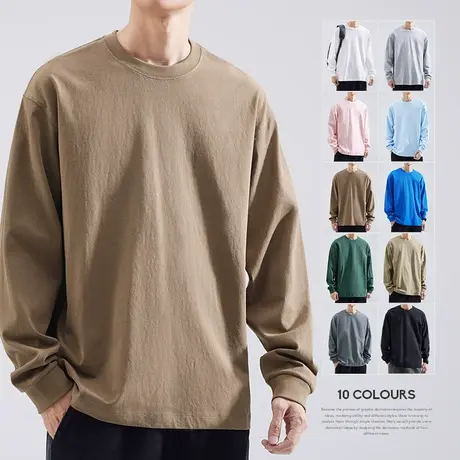 hansca2023春秋款重磅长袖T恤男纯棉宽松圆领卫衣男生白色打底衫商品大图