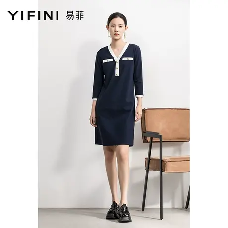 Yifini/易菲七分袖V领宽松连衣裙女春秋新款通勤针织裙中长款图片