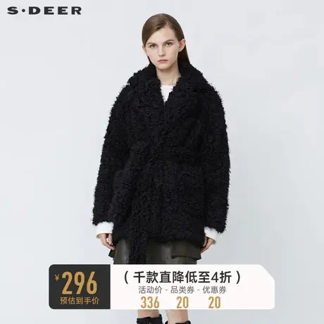 sdeer圣迪奥冬休闲翻领收腰羊羔绒黑色外套上衣S21482227🤼商品大图