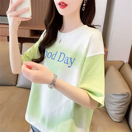 设计感小众拼色短袖t恤女夏季韩版宽松大码女装渐变色扎染上衣服商品大图