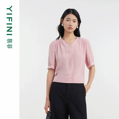 [专柜同款]Yifini/易菲100%真丝宽松抽褶显瘦短款套头衫D04S1424商品大图