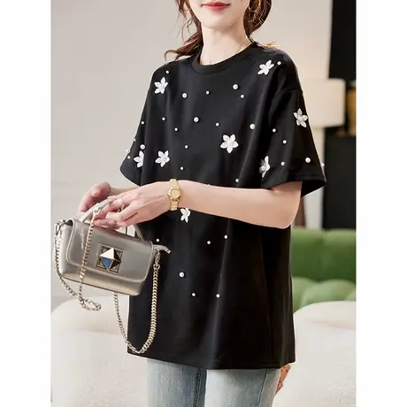 宝诗黎圆领刺绣钉珠短袖T恤女2025春季韩版宽松洋气百搭棉质上衣图片