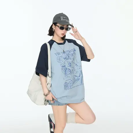 2025夏季新款撞色印花宽松短袖T恤男女同款纯棉ins街头风半袖上衣图片