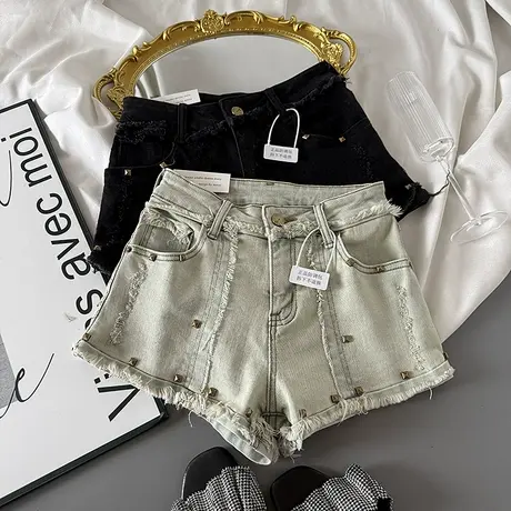辣妹毛边铆钉街头牛仔短裤女美式爆款高腰显瘦宽松阔腿a字热裤潮商品大图
