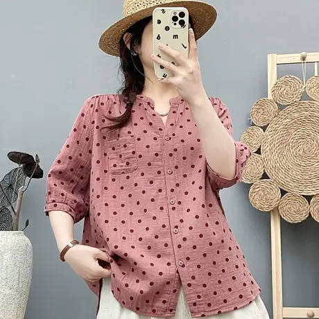 夏季韩版文艺双层棉纱中袖衬衫女宽松休闲七分袖上衣百搭波点印花商品大图