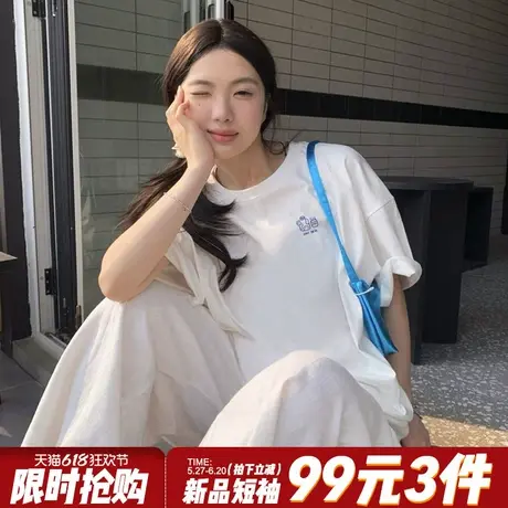 高级感简约纯棉白色短袖t恤女韩系慵懒风夏季宽松百搭打底衫上衣商品大图