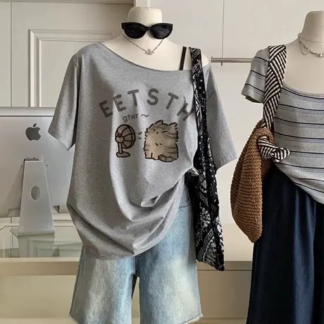 复古甜酷风斜肩短袖t恤女大码胖mm显瘦遮肚子宽松慵懒风上衣ins潮商品大图