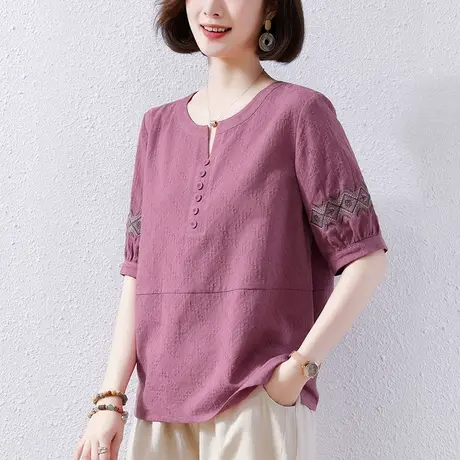 中老年短袖t恤女夏季新款纯棉宽松加大码妈妈装文艺刺绣半袖体恤图片