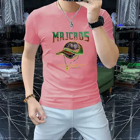 男士短袖圆领t恤衫丝光棉男装半袖套头上衣重工刺绣亮片修身粉色图片