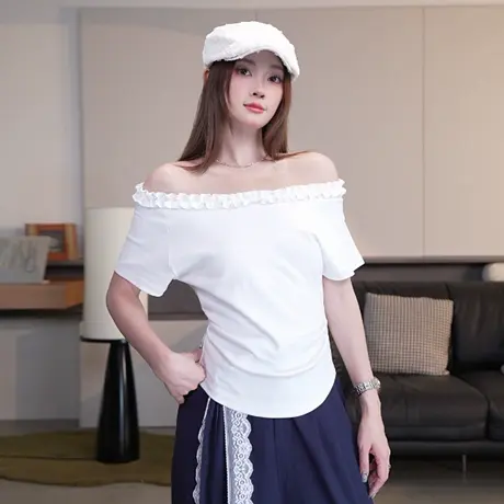 尔给夏季三穿斜肩修身显瘦T恤女气质洋气时尚百搭设计感花边上衣图片