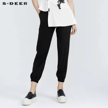sdeer圣迪奥夏装运动松紧抽褶垂坠休闲束脚黑色长裤女S21280826商品大图