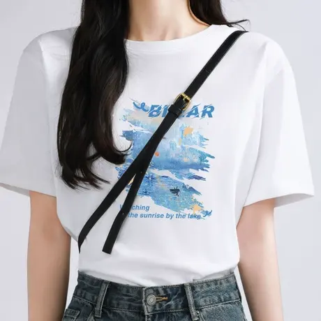 KWV真维斯纯棉短袖t恤女休闲搭配宽松圆领2025新款爆款半袖上衣女商品大图