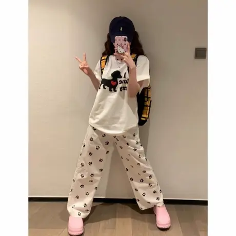 美式卡通纯棉白色小狗短袖t恤女2025新款夏季宽松慵懒风半袖上衣商品大图