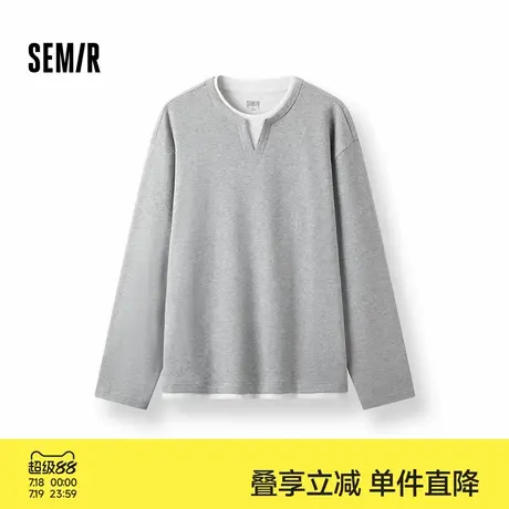 森马长袖T恤男拼色假两件t恤华夫格肌理上衣2025新款秋装宽松百搭图片