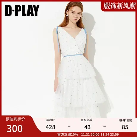 DPLAY夏季新款欧美V领波点网纱裙装女士气质收腰连衣裙商品大图