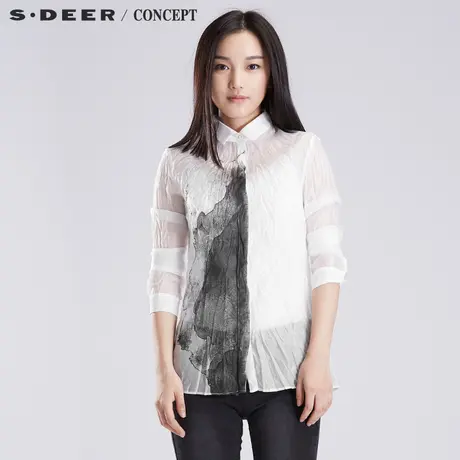 sdeer圣迪奥2018秋冬文艺斑驳点缀印花抓皱衬衫S16380591图片