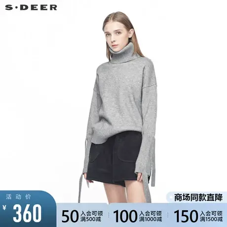 sdeer圣迪奥时尚休闲罗纹下摆飘带元素高领宽松毛衣女S19483508图片