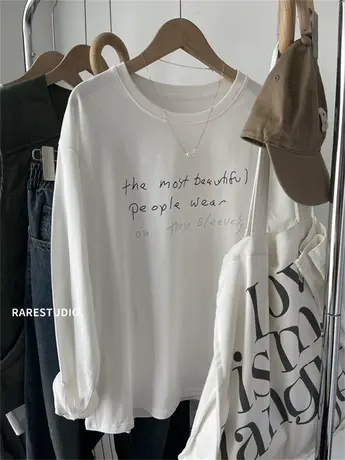 春新款韩国简约小字母印花白色磨毛棉长袖宽松百搭T恤内搭打底女商品大图