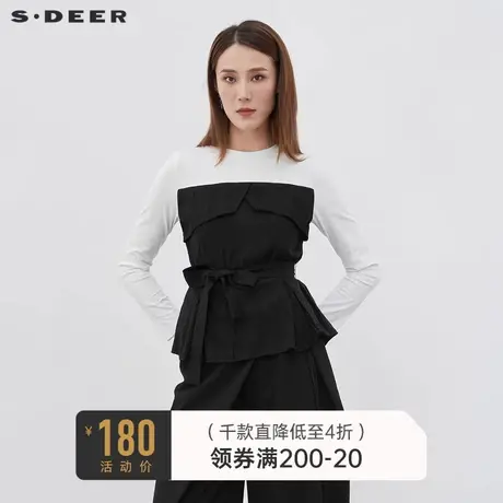 sdeer圣迪奥女秋装时尚圆领黑白拼接收腰长袖T恤S221Z0205图片