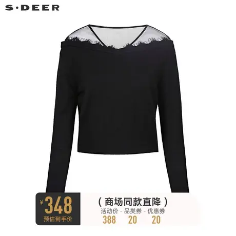 sdeer圣迪奥秋装优雅V领蕾丝花边黑色针织衫女S22183514图片