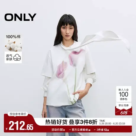 ONLY2025夏季新款纯棉花朵印花设计落肩宽松显瘦圆领短袖T恤女图片