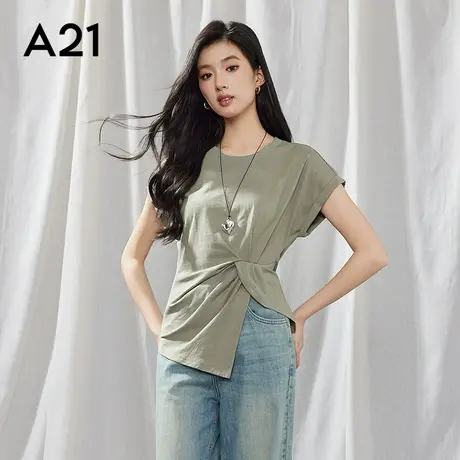 a21女装韩版夏季 薄款三色可选短袖t恤不对称褶皱圆领上衣图片