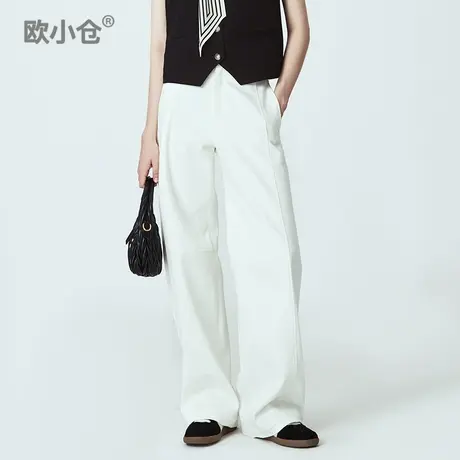 欧小仓白牛系列高弹舒适牛仔裤立体分割弯刀裤梨型身材白色阔腿裤商品大图