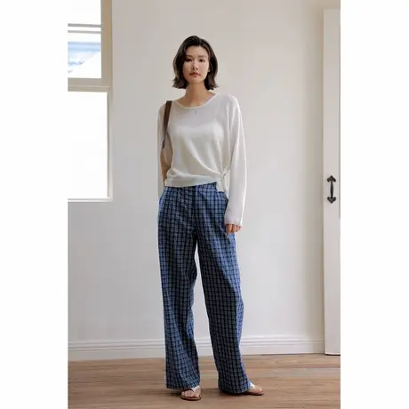 弥古蓝色格子裤高腰垂感阔腿裤女2025新款裤子夏季薄款直筒休闲裤商品大图