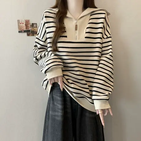 半拉链Polo领条纹卫衣女春秋薄款韩版百搭宽松复古chic港味上衣服图片