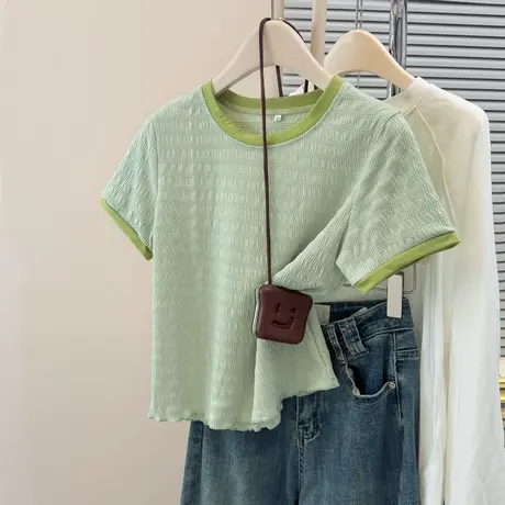 撞色木耳边短袖T恤女夏季韩版修身内搭打底衫短款正肩半袖上衣潮图片