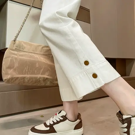 新中式国风刺绣挽边天丝直筒裤女夏季薄款高腰八九分小个子牛仔裤图片