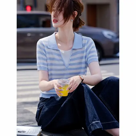 时尚气质针织衫2025年夏季新款女条纹百搭V领拼接短款套头上衣商品大图