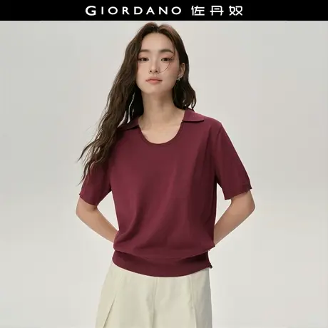 设计师款佐丹奴短袖针织衫女装夏季新款U型翻领针织上衣18355508商品大图