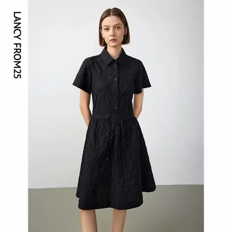 朗姿纯棉法式设计感收腰小黑裙2024年新款气质黑色连衣裙夏季女装商品大图