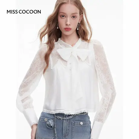 MISSCOCOON可可尼短款白色上衣女2025秋季新款系带打底蕾丝衬衫商品大图